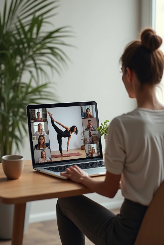 Group online yoga classes ,show teacher teaching adavance asana while sitting in front of laptop using Google meet to there students they all joined through their personal Google meet show multiple students in the laptop
