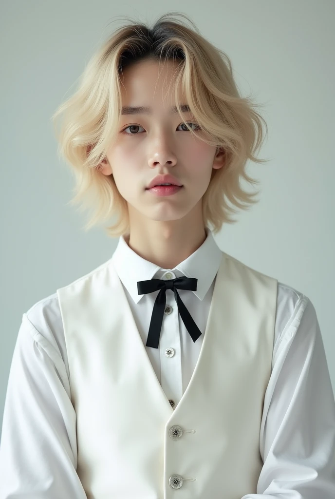 Professional studio image of a young femboy with delicate features and blonde hair covering his forehead, leaving his eyebrows showing a little.. Wearing a white long-sleeved shirt and a white dress vest with a black bow on top.