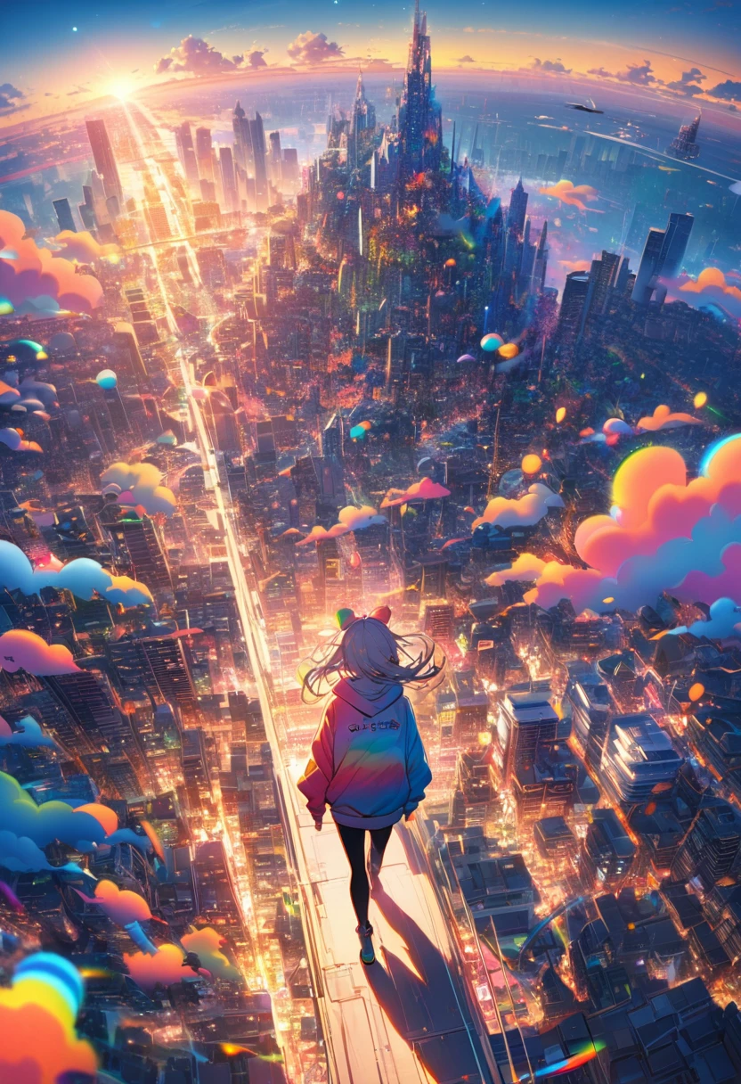 angelic, detailed woman who is walking, woman wearing hoodie, highest billding in city, road, sunrise, horizon, skyline, in the sky, city of clouds, colorful, high-res, 8K