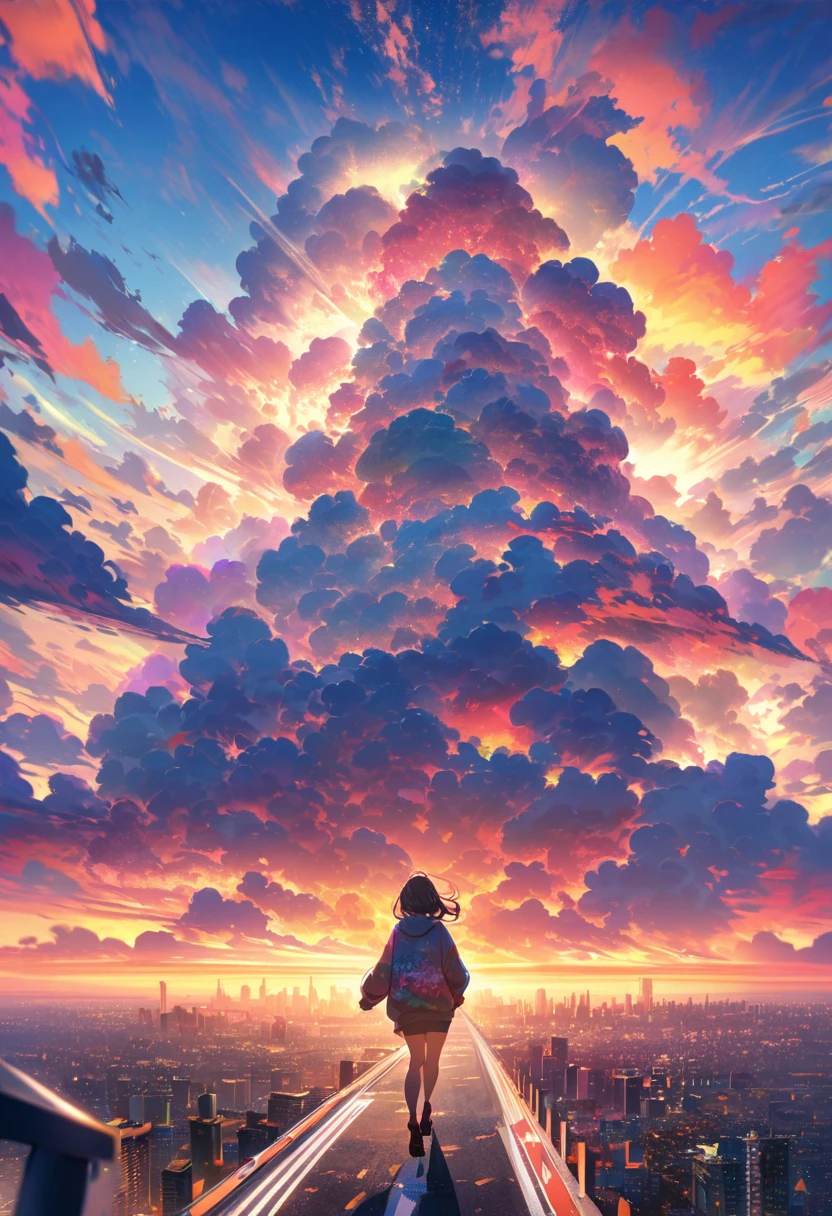 angelic, detailed woman who is walking, woman wearing hoodie, highest billding in city, road, sunrise, horizon, skyline, in the sky, city of clouds, colorful, high-res, 8K