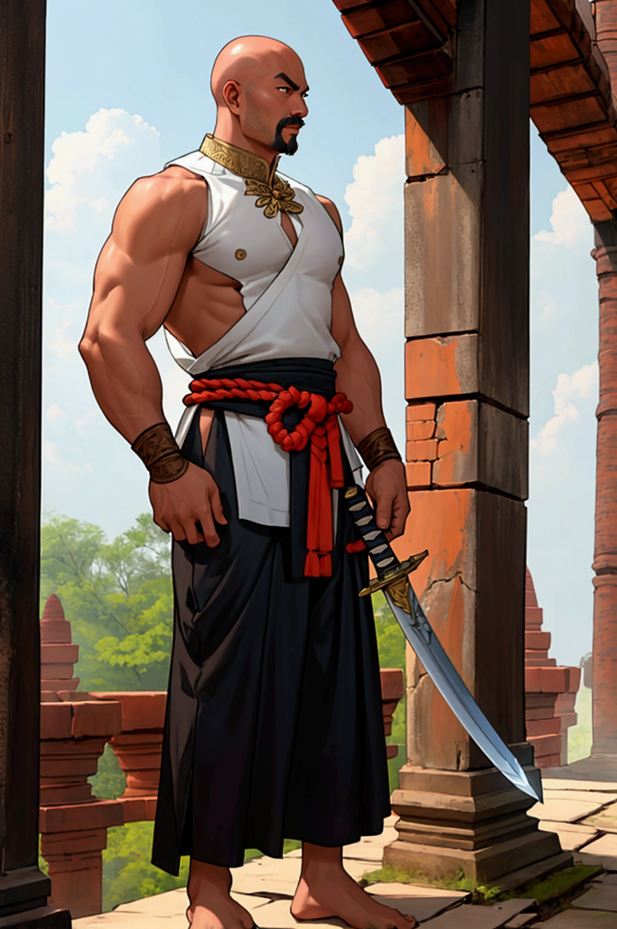 man,Bald head with hair on the sides,Not wearing a shirt,,No shoes while standing.Thai warrior costume holding a killer sword,Ayutthaya ,Ayutthaya period outfit,chubby,There is a slight mustache.
