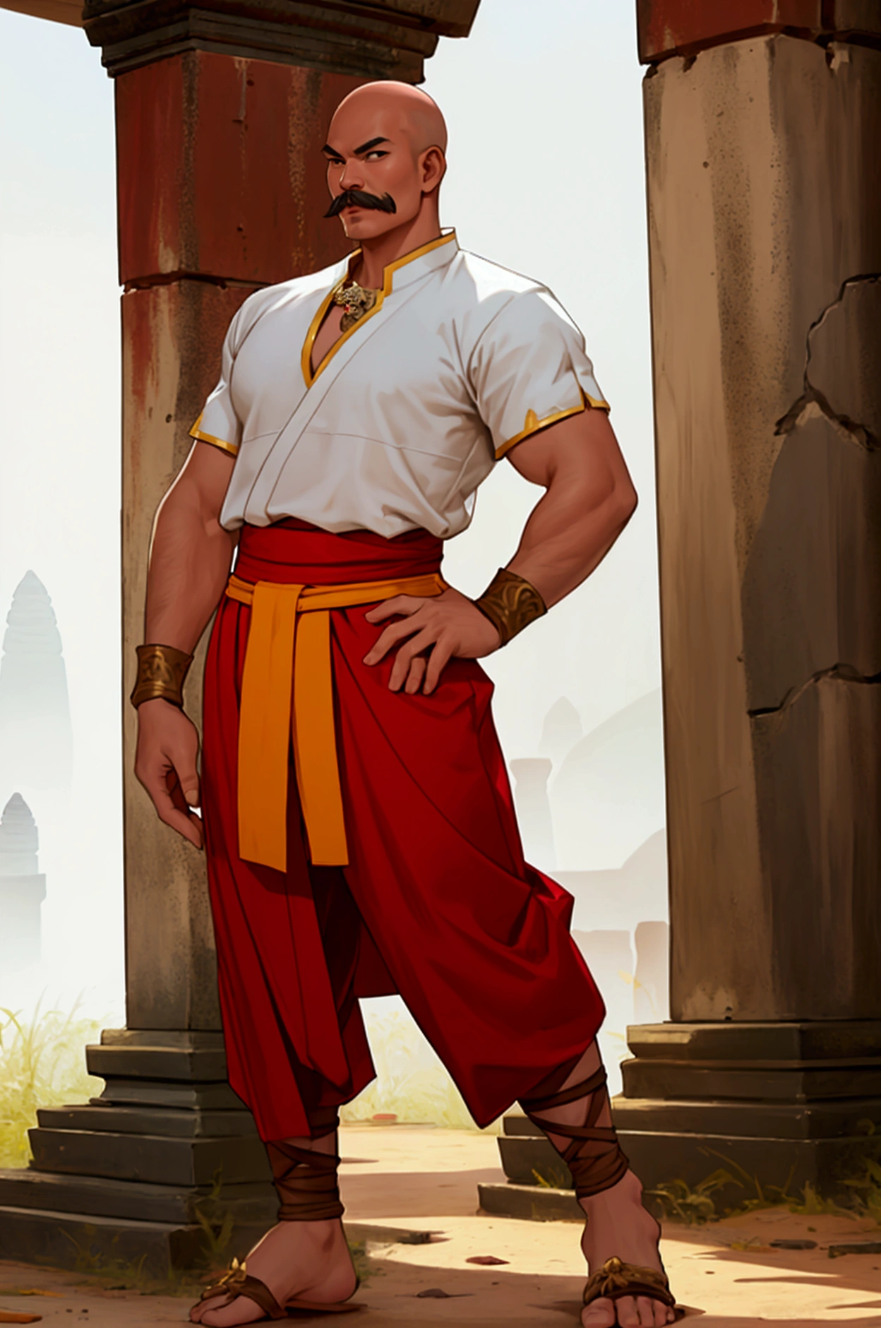 man,Bald head with hair on the sides,Not wearing a shirt,,No shoes while standing.Thai warrior costume holding a killer sword,Ayutthaya ,Ayutthaya period outfit,chubby,There is a slight mustache.