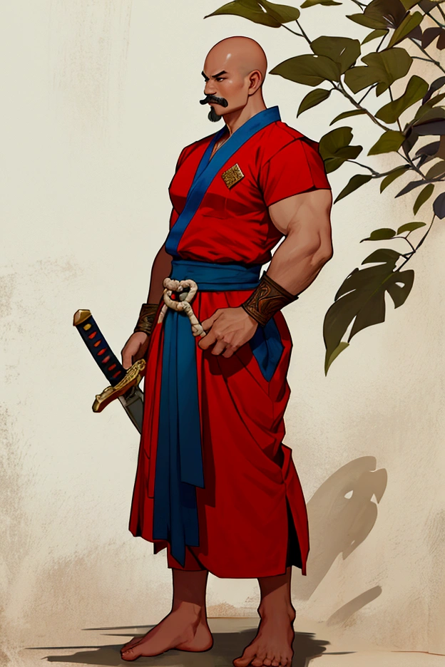 man,Bald head with hair on the sides,Not wearing a shirt,,No shoes while standing.Thai warrior costume holding a killer sword,Ayutthaya ,Ayutthaya period outfit,chubby,There is a slight mustache.