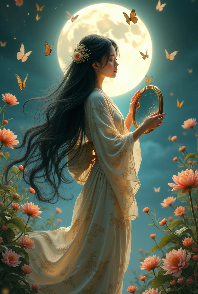 a beautiful young woman with long black hair in a flowing kimono, standing in a serene garden with a full moon, holding a round mirror and surrounded by butterflies and flowers, cinematic lighting, art nouveau, extremely detailed, 8K, masterpiece