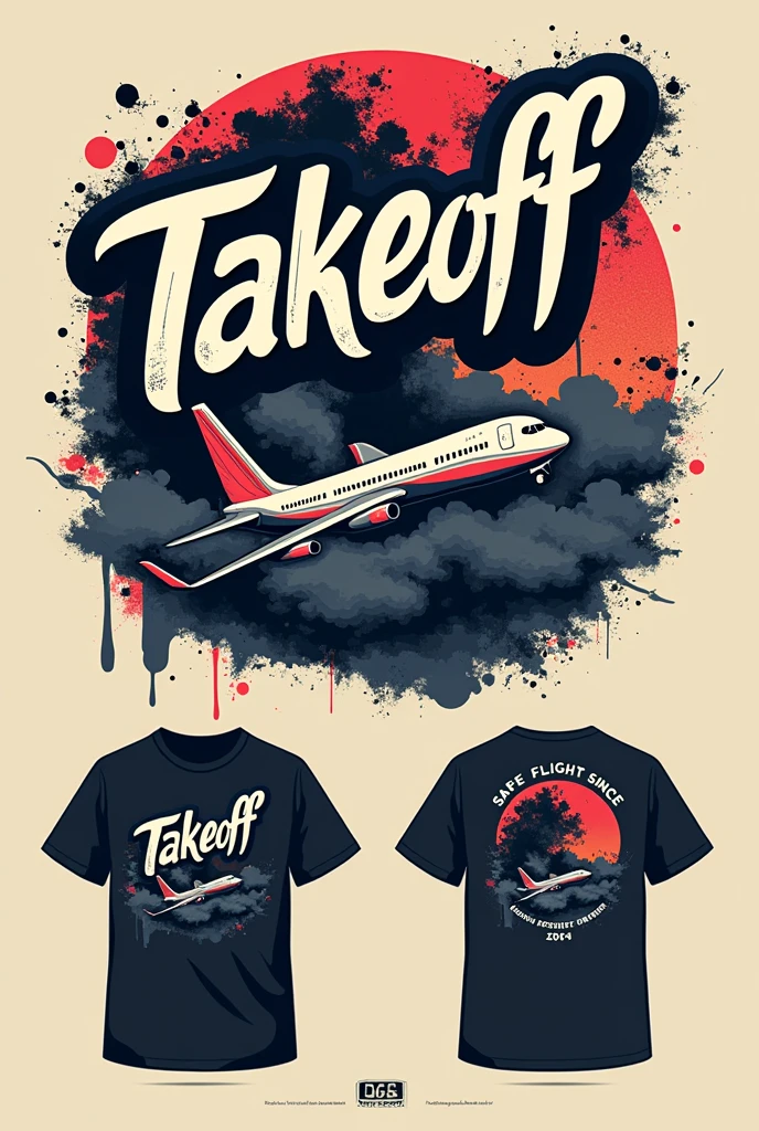 clothing with the name Takeoff with the cool small graffiti design of the name in tshirt in front with taking off airplane and back with small lettering in back that saying safe flight since 2024 in capslock picture of front and back picture of front and back