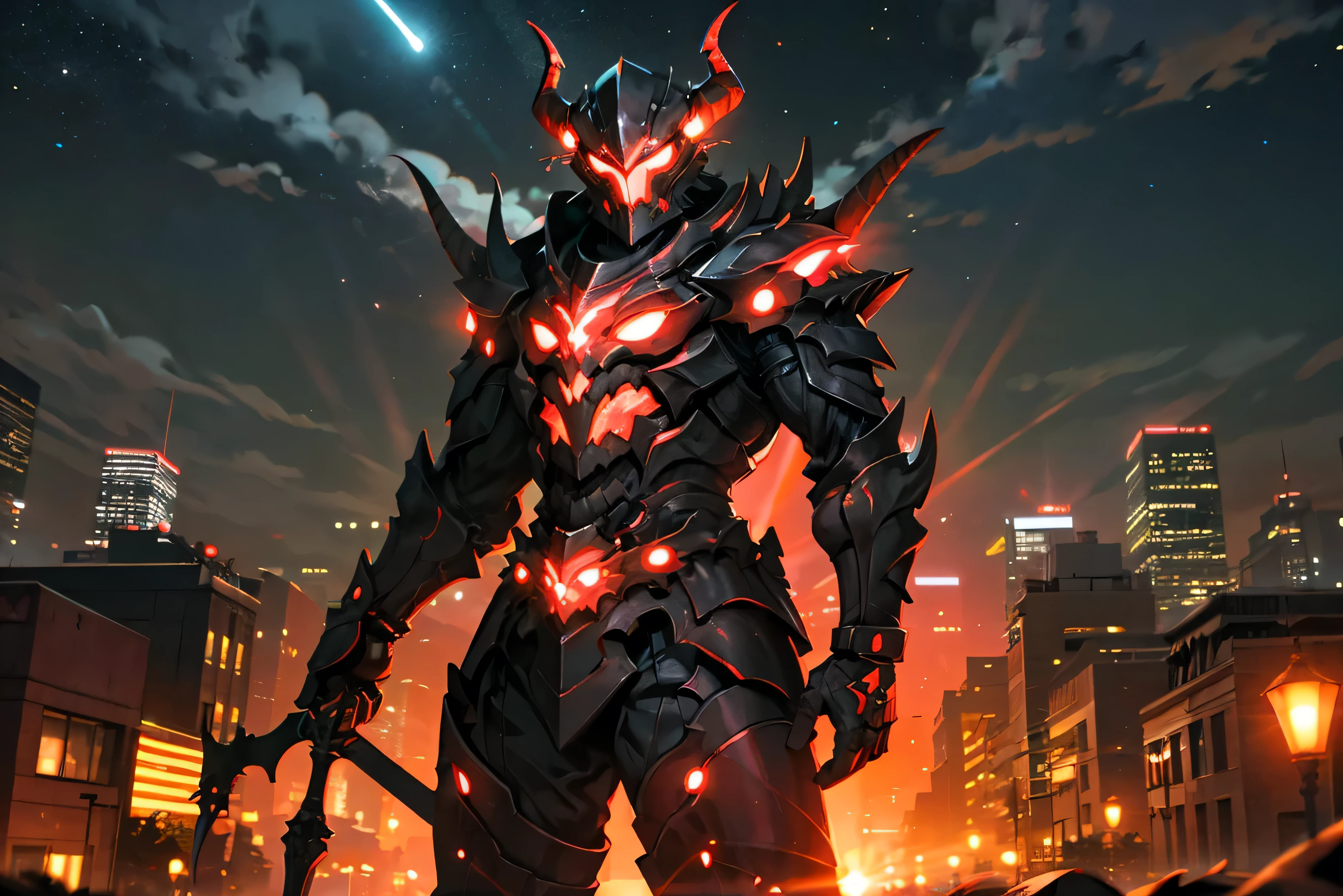 masterpiece, best quality, monster, black armor, helmet with horns, yellow glowing, standing, outdoors, futuristic cityscape, night, night sky, moon, neon city, lens flare, cowboy shot
