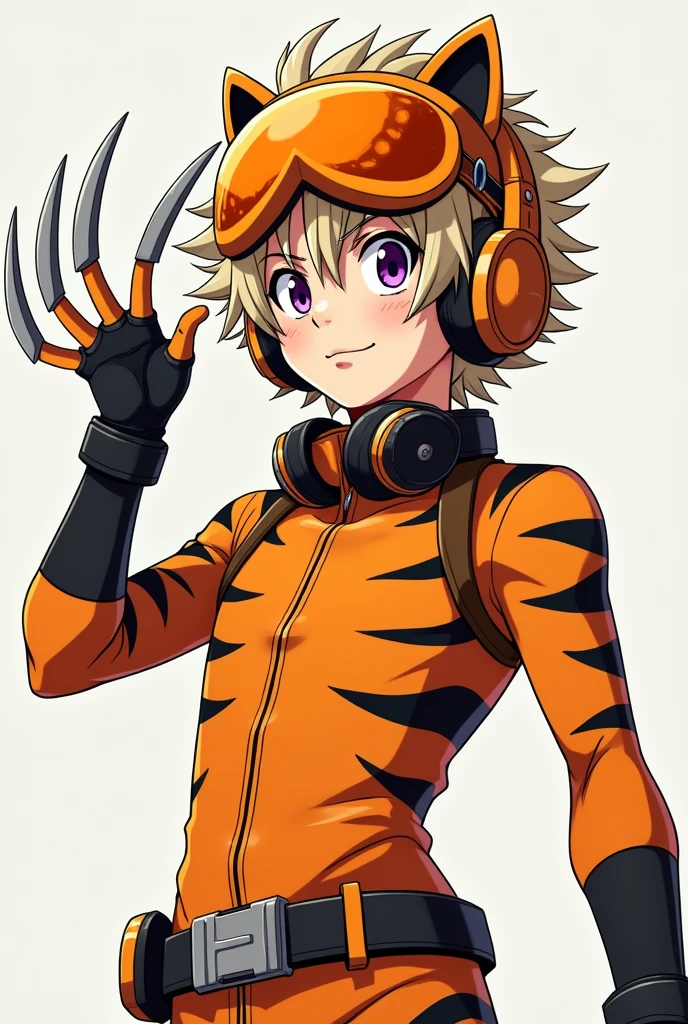 Draw in 2D anime style, A boy, that is husbando, that has ash blonde hair, that has violet eyes, has headphones, dressed in comic book hero clothes with a tiger look, Boku no Hero Academia hero costume, that his orange suit has black stripes,He has three claw-shaped blades on his left hand as a weapon, that looks like a dynamic pose, Let it be a heroic pose, have a confident smile, that has a hero helmet with an orange visor, that has messy hair, that has short hair, Make it look more manly, adult, smiling