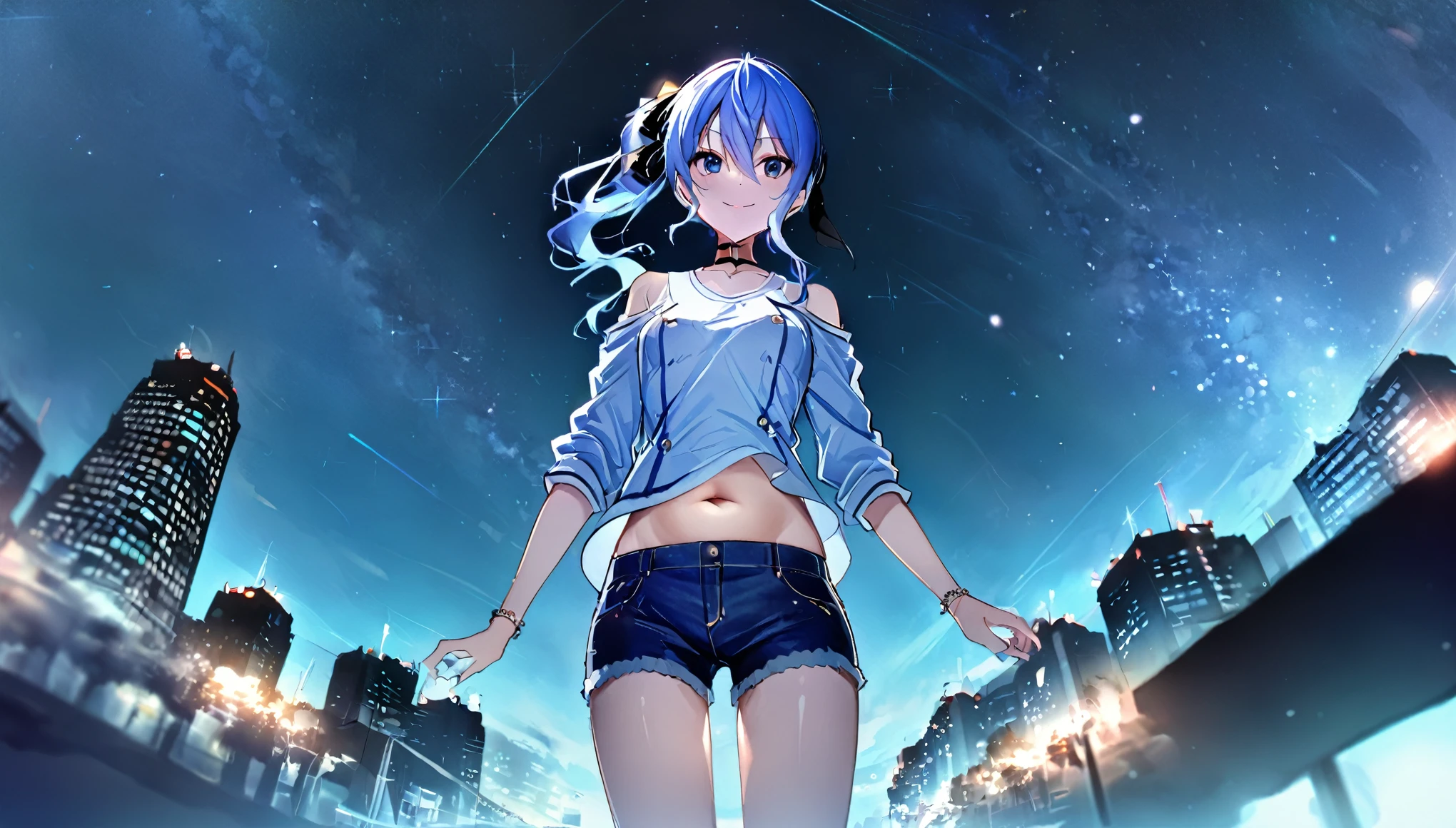 (8k、Best image quality、highest quality、masterpiece)、Detailed face、 1girl、Blue Hair、Long Hair、sideponytail、dark_blue_eyes、smile,(navel:0.6),Moderate_torso、small_breasts,((White T-shirt))、Off the shoulder、Black shoulder straps、(open_front_denim_short_shorts:1.2)、Shoot from below、City Background, starry_sky_landscape ,hoshimachi suisei, slender,(covered_nipples:0.3), (belly button:1.2),nihil,solo,stargaze,girl_looking_up_sky,(abs:0.6)