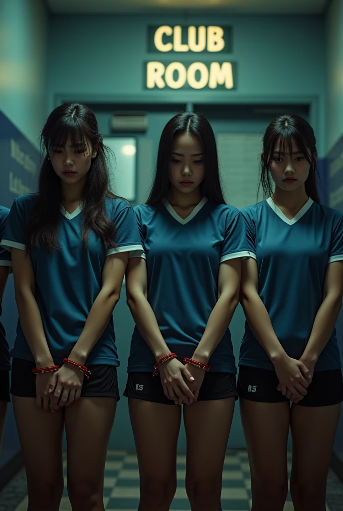 many univfrcity volleyball girls are arrested and standing infront of club a club room
super real 4k players are lined up handcuff they are crying arm back scared and looking down and robbingly a lot of tears feeling of hopelessness
looking from the front