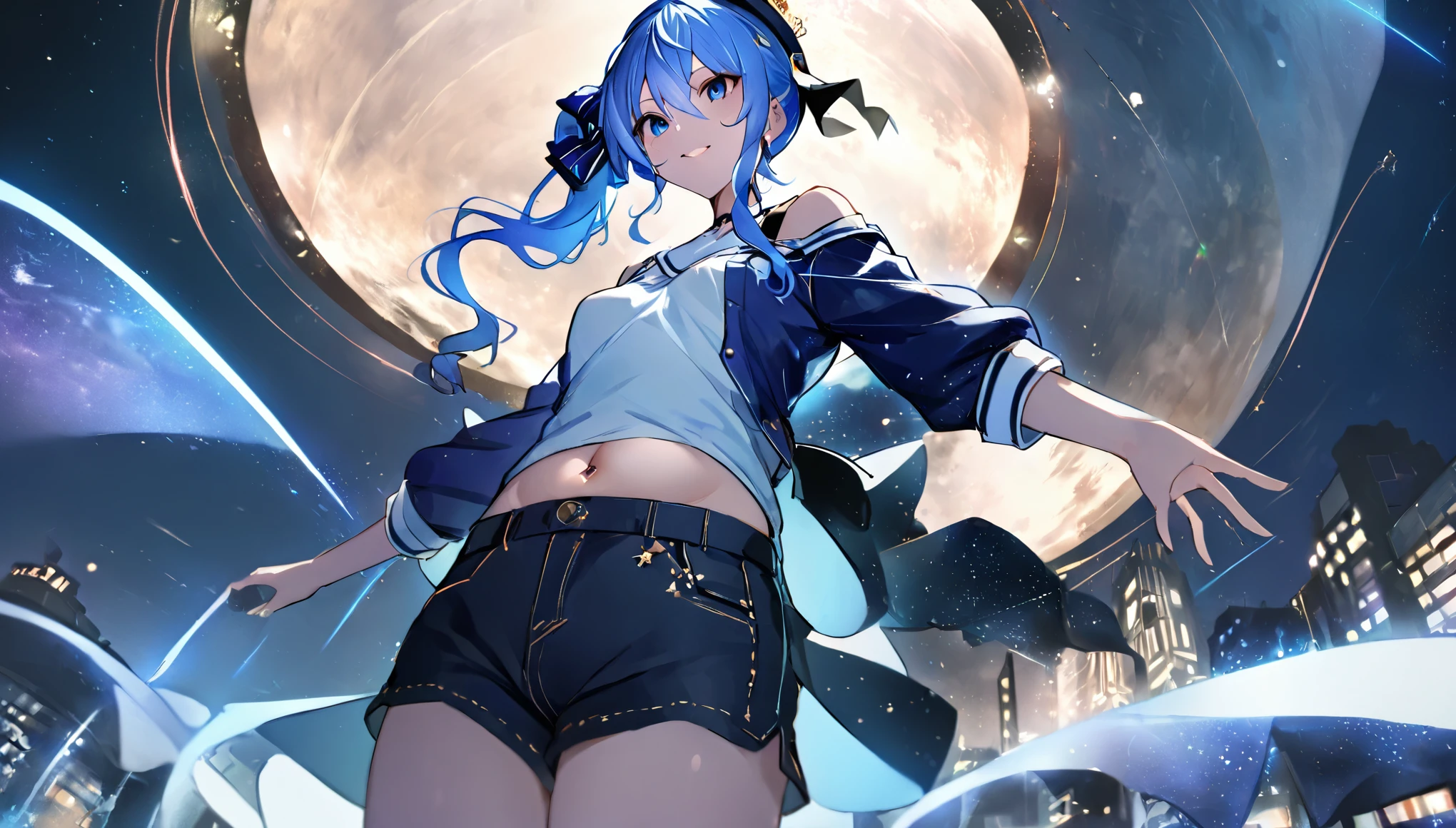 (8k、Best image quality、highest quality、masterpiece)、Detailed face、 1girl、Blue Hair、Long Hair、sideponytail、dark_blue_eyes、smile,(navel:0.6),Moderate_torso、small_breasts,((White T-shirt))、Off the shoulder、Black shoulder straps、(open_front_denim_short_shorts:1.2)、Shoot from below、City Background, starry_sky_landscape ,hoshimachi suisei, slender,(covered_nipples:0.3), (belly button:1.2),nihil,solo,stargaze,girl_looking_up_sky,(abs:0.6)