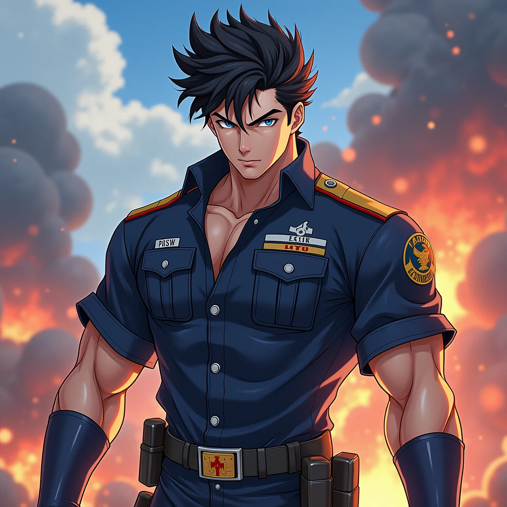 male,blue eyes, muscle,handsome black hair, Self-Defense Forces anime style, 