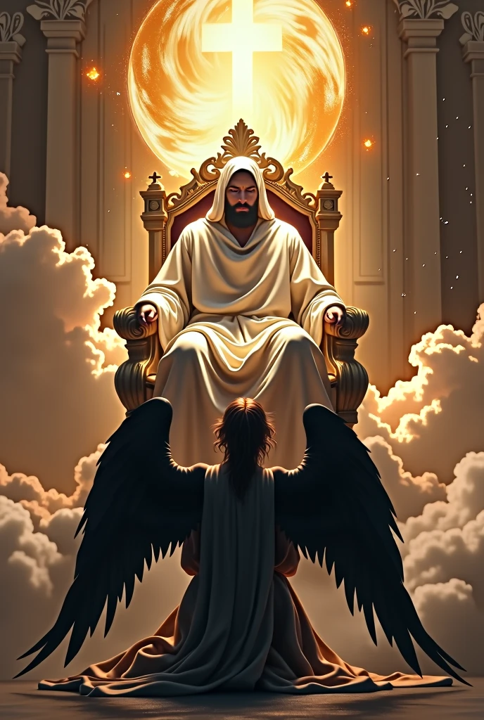 GOD on a throne with a BLACK ANGEL kneeling beside him, AT YOUR FEET  