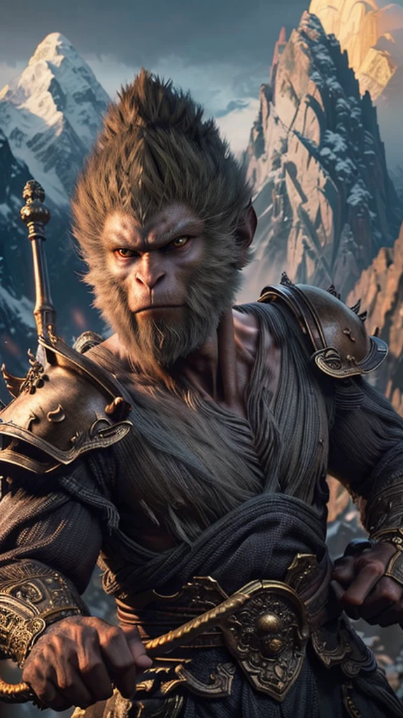 (((best quality))),(((Very detailed))),(((masterpiece))),illustration,wukong \(black myth\) ,Determined expression,Glowing eyes,golden staff,mountain peak,craggy mountains,Sunlight,cloud,close up,Heroic Stance