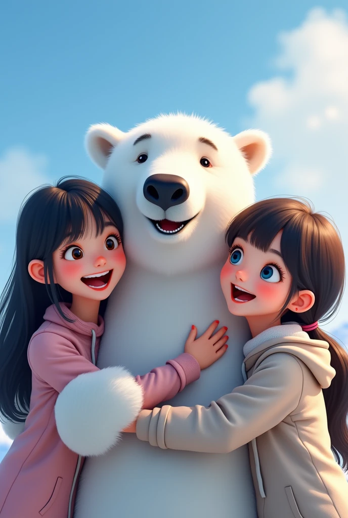 create pixar style image of a polar bear and three people with it, a young woman with long dark brown hair and bangs and brown eyes , another young woman with short black hair and she has blue eyes and another young Korean man he has black hair and wears bangs, everyone is hugging the polar bear, smiling and waving goodbye with their hands, face only image 