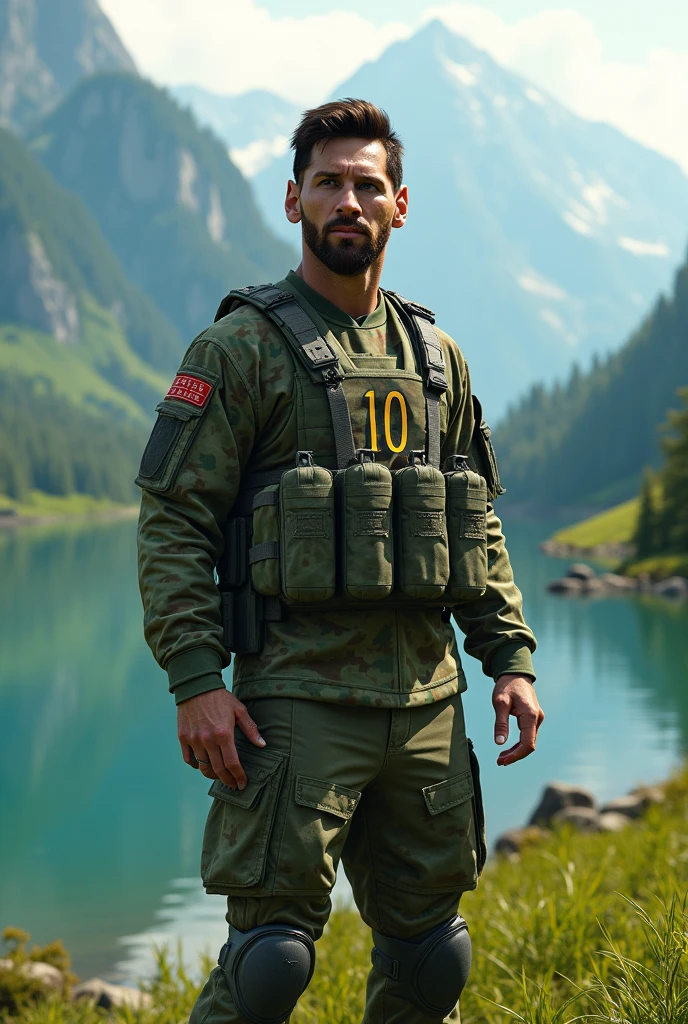 Messi as a army in a beautiful place.