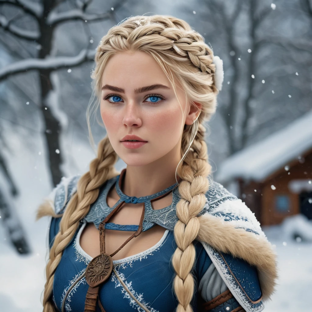 (realistic:1.2), analog photography style, Scandinavian warrior woman, wonderful snow scene, braided blonde hair, whole body, soft natural light, Cute and sexy, joy, detailed face and blue eyes, Excellent quality, masterpiece, detailed northern background, quality: 16K, RAW photo