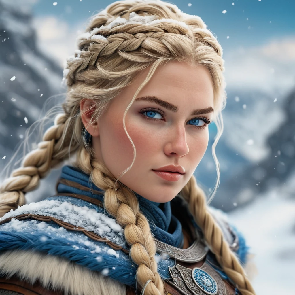 (realistic:1.2), analog photography style, Scandinavian warrior woman, wonderful snow scene, braided blonde hair, whole body, soft natural light, Cute and sexy, joy, detailed face and blue eyes, Excellent quality, masterpiece, detailed northern background, quality: 16K, RAW photo