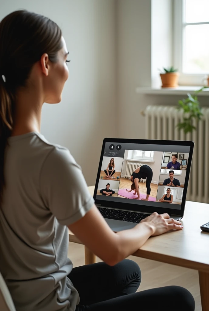 Group online yoga classes ,show teacher teaching adavance asana while sitting in front of laptop using Google meet to there students they all joined through their personal Google meet show multiple students in the laptop 