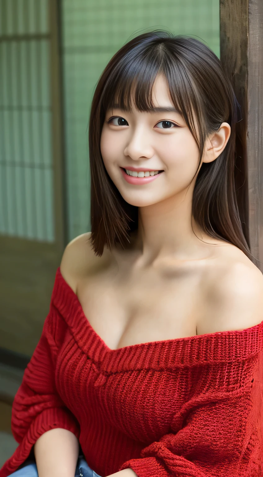 masterpiece,best quality,(Japanese girl),((Beautiful girl)),cleavage,(off shoulder:1.2),(perfect body beauty:1.2),(shy smile),From slightly above