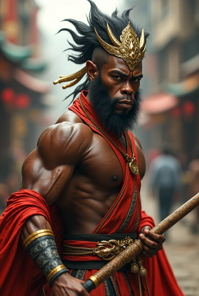 (photorealism:1.2), black man cosplay sun wukong