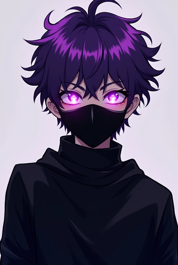19 year old boy with purple glowing eyes and slightly spiky hair with an evil and intimidating look with a black sweatshirt and a black mask covering his nose and mouth , giving a cool , 2D Anime .