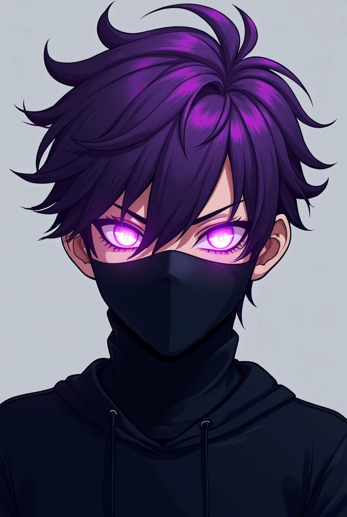 19 year old boy with purple glowing eyes and slightly spiky hair with an evil and intimidating look with a black sweatshirt and a black mask covering his nose and mouth , giving a cool , 2D Anime .