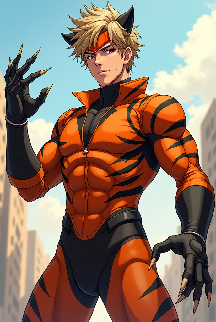 Draw in 2D anime style, A boy, that is husbando, that has ash blonde hair, that has violet eyes, has headphones, dressed in comic book hero clothes with a tiger look, Boku no Hero Academia hero costume, that his orange suit has black stripes,He has three claw-shaped blades on his left hand as a weapon, that looks like a dynamic pose, Let it be a heroic pose, have a confident smile, that has a hero helmet with an orange visor, that has messy hair, that has short hair, Make it look more manly, adult.