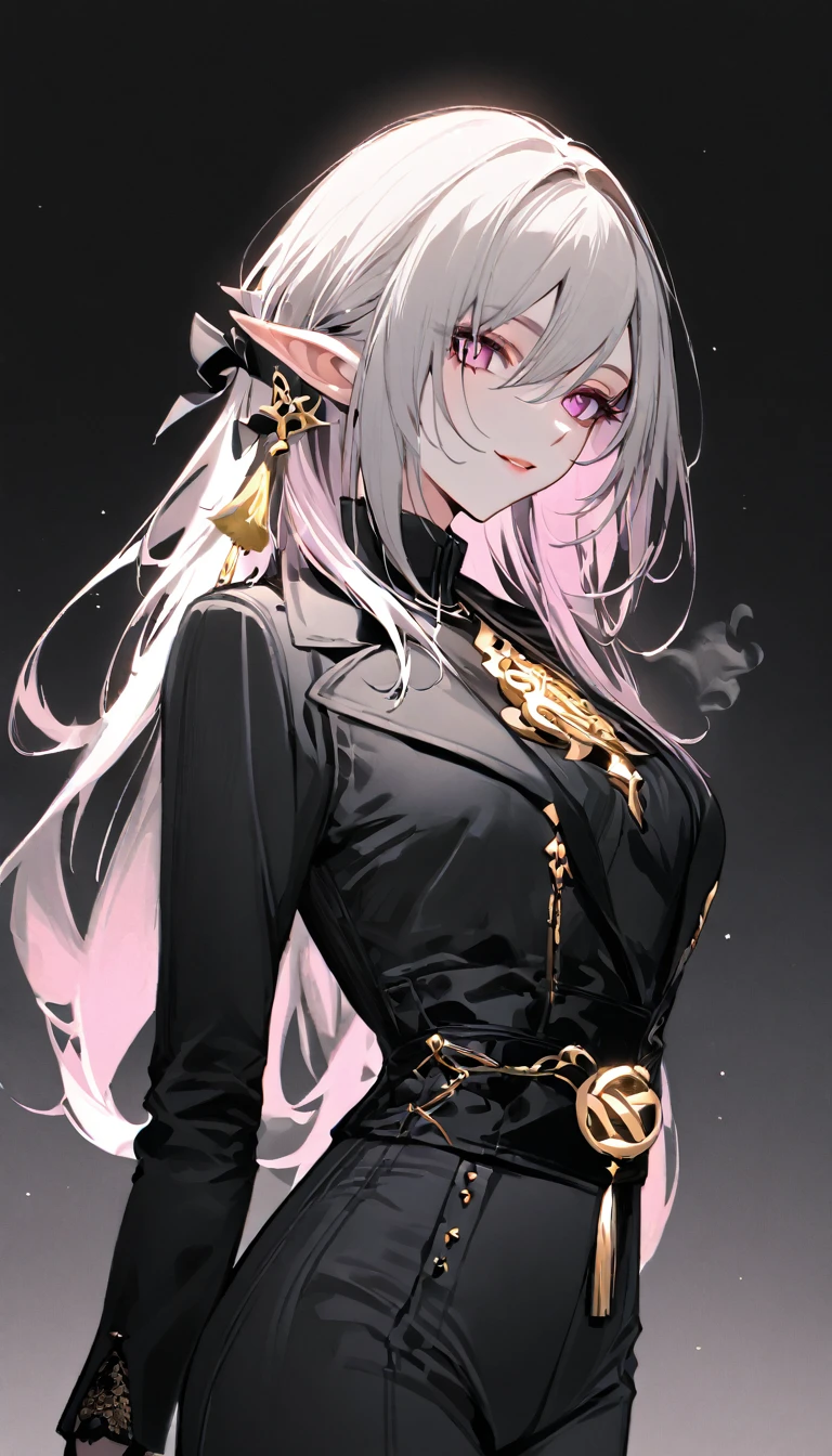 masterpiece, best quality, elysia \(herrscher of human:ego\) \(Honkai impact\), pointed ears, elf, pink hair, pink eyes, slit pupils, long hair, (sleek black ensemble:1.6), (golden button details:1.4), (structured jacket:1.5), (high-waisted pants:1.4), (purple high collar:1.3), (golden tassel accessories:1.5), (minimalist fashion:1.5), (monochrome palette:1.4), (tailored fit:1.5), (subtle gold accents:1.4), (sharp silhouette:1.4), (elegant and chic:1.6), (modern fantasy attire:1.4), (dark background:1.4), upper body, looking at view, 1girl, solo, close mouth, smile, double peace, winter smoke