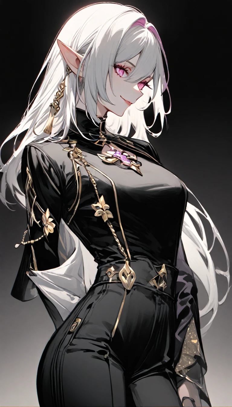 masterpiece, best quality, elysia \(herrscher of human:ego\) \(Honkai impact\), pointed ears, elf, pink hair, pink eyes, slit pupils, long hair, (sleek black ensemble:1.6), (golden button details:1.4), (structured jacket:1.5), (high-waisted pants:1.4), (purple high collar:1.3), (golden tassel accessories:1.5), (minimalist fashion:1.5), (monochrome palette:1.4), (tailored fit:1.5), (subtle gold accents:1.4), (sharp silhouette:1.4), (elegant and chic:1.6), (modern fantasy attire:1.4), (dark background:1.4), upper body, looking at view, 1girl, solo, close mouth, smile, double peace, winter smoke