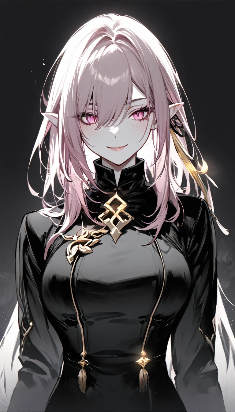 masterpiece, best quality, elysia \(herrscher of human:ego\) \(Honkai impact\), pointed ears, elf, pink hair, pink eyes, slit pupils, long hair, (sleek black ensemble:1.6), (golden button details:1.4), (structured jacket:1.5), (high-waisted pants:1.4), (purple high collar:1.3), (golden tassel accessories:1.5), (minimalist fashion:1.5), (monochrome palette:1.4), (tailored fit:1.5), (subtle gold accents:1.4), (sharp silhouette:1.4), (elegant and chic:1.6), (modern fantasy attire:1.4), (dark background:1.4), upper body, looking at view, 1girl, solo, close mouth, smile, double peace, winter smoke