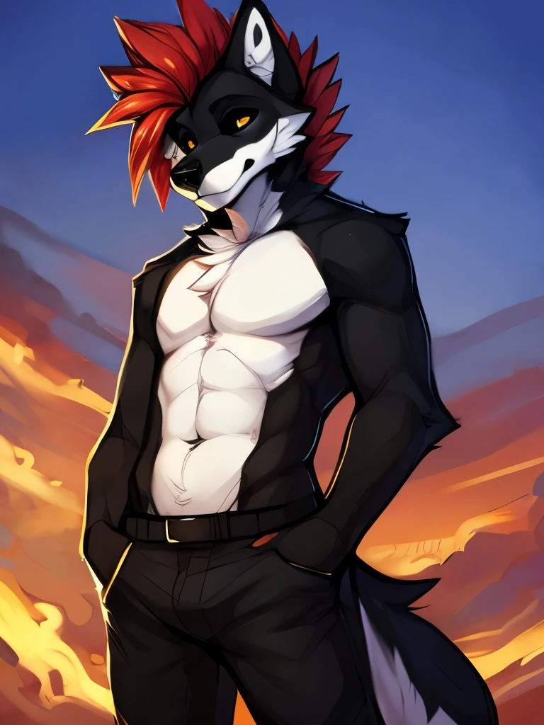 Art by Zackary, solo, wolf, male wolf, black fur body, black sclera, mohawk hair, red hair, white chest, white abdomen, badyiffymix41