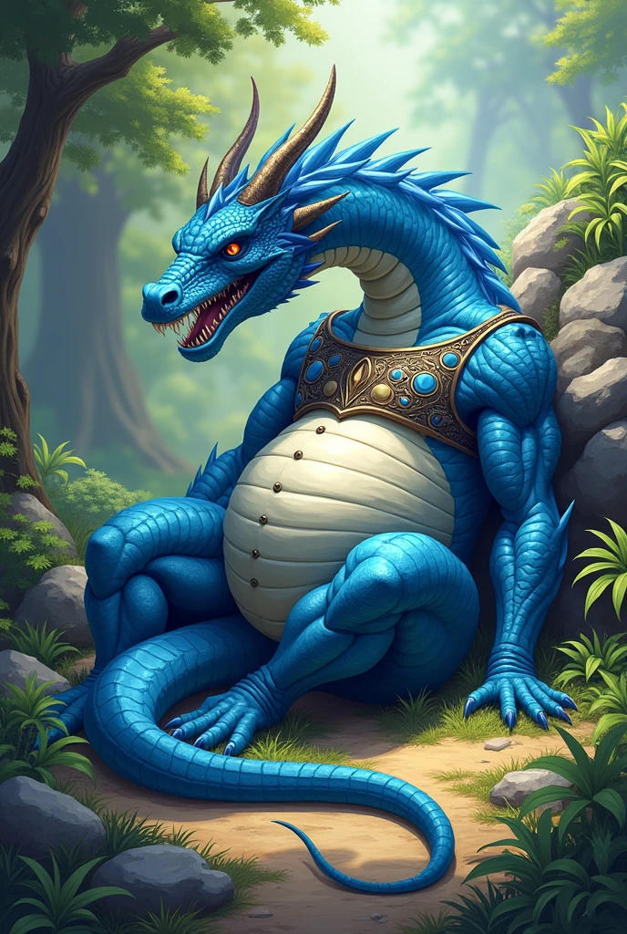 A blue dragon with a full belly, muscular, vore, imprint on belly, big bulge, illustration, ultra-detailed, realistic, sharp focus, vivid colors, daytime lighting, motion lines, tribal armor, laying on belly