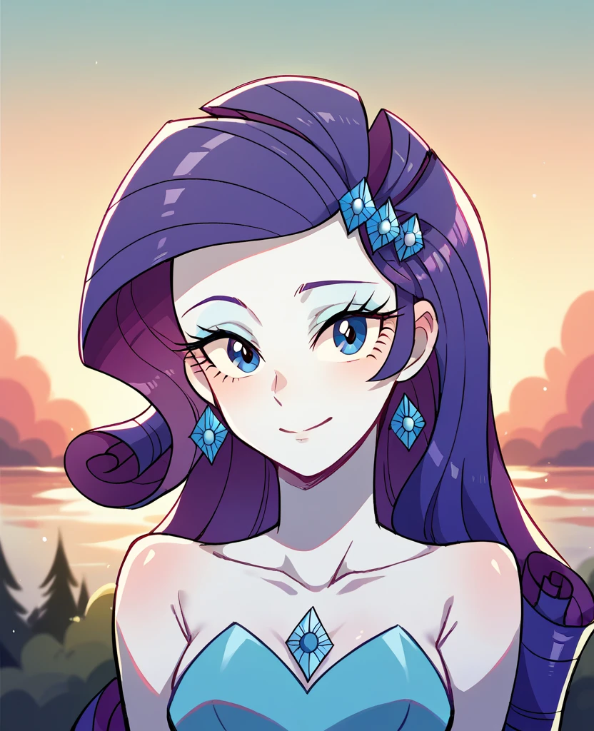 Rarity from Equestria Girls short hair, looking at the viewer with half faces, Sunset, Oceanfront, Long hair, beautiful eyes, Beautiful face, Whole body