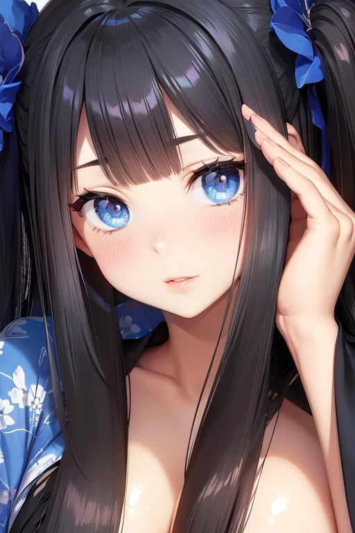 Portrait Face up image Front image woman Beautiful breasts cute No background Open kimono Long black hair Blue Eyes