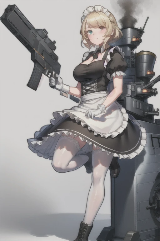 HMS_Renown \(warship girls r\),((masterpiece)),(((best quality))),((ultra-detailed)),((illustration)),((disheveled hair)),((frills)),
1girl, aircraft, airplane, apron, black legwear, blonde hair, breasts, cannon, cleavage, closed mouth, dress, enmaided, frilled apron, frills, gloves, gradient, high heels, long hair, looking at viewer, machinery, maid, maid apron, maid headdress, mecha musume, medium breasts, pantyhose, puffy sleeves, rigging, shoes, short sleeves, smile, solo, standing, torpedo, turret, twintails, waist apron, white apron, white gloves, After the transformation,
Redraw your eyes,(blue left eye:1.2),Heterochromia,(yellow right eye:1.2),Anyone can have heterochromia,