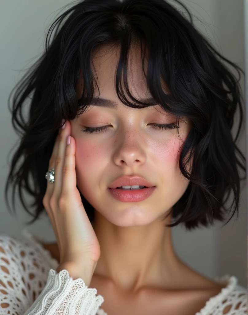 RAW photo, best quality, masterpiece, photorealistic, Polish girl, 20 years old, black hair, short bob cut, hair in 7 thirds, hair over one ear, solo, White skin, Detailed Skin, Detailed face, Big Breasts, rip gloss, blush, Eyes closed, one hand on face, smiling, inside a beauty salon, wet hair, close-up of face, summer clothes, gel nails