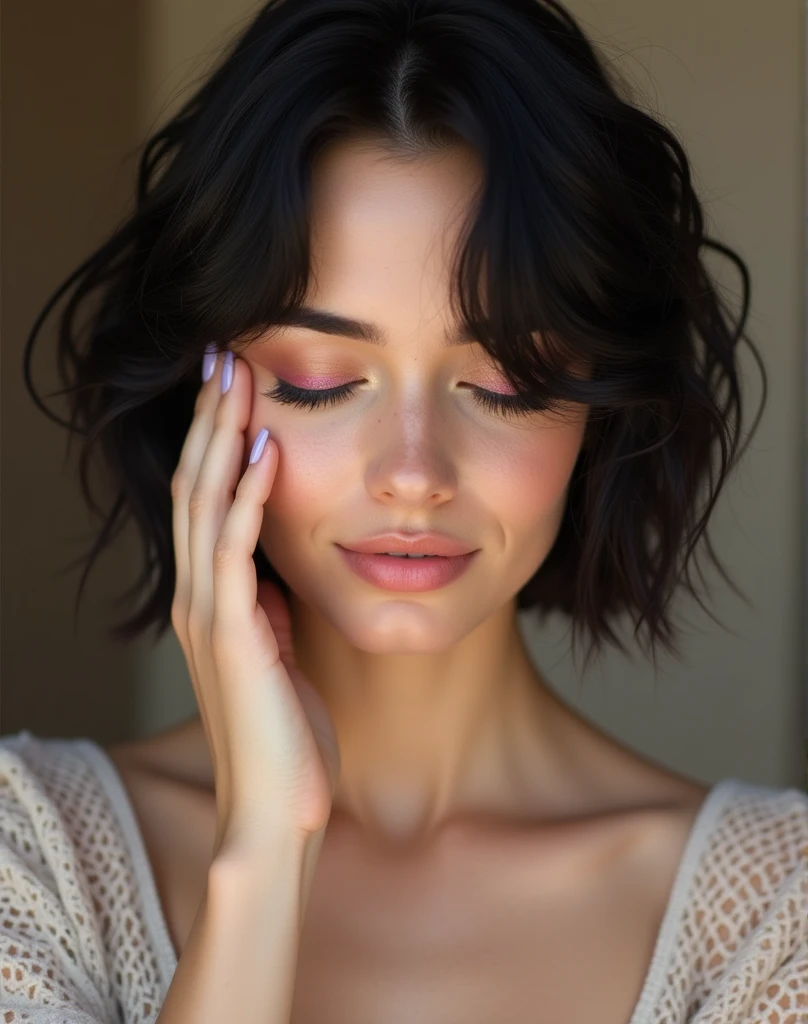 RAW photo, best quality, masterpiece, photorealistic, Polish girl, 20 years old, black hair, short bob cut, hair in 7 thirds, hair over one ear, solo, White skin, Detailed Skin, Detailed face, Big Breasts, rip gloss, blush, Eyes closed, one hand on face, smiling, inside a beauty salon, wet hair, close-up of face, summer clothes, gel nails