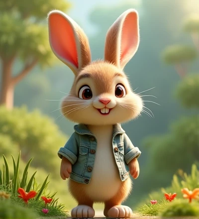 Imagine a lifelike little rabbit with humorously exaggerated features, oversized, dressed in cute clothes, bright eyes and curiosity, smiling, frontal image, smiling bunny, Disney style, capturing natural textures, although its little paws are slightly larger, they are even cuter. The background is a simple garden, with a focus on natural colors and some green plants, creating vibrant colors