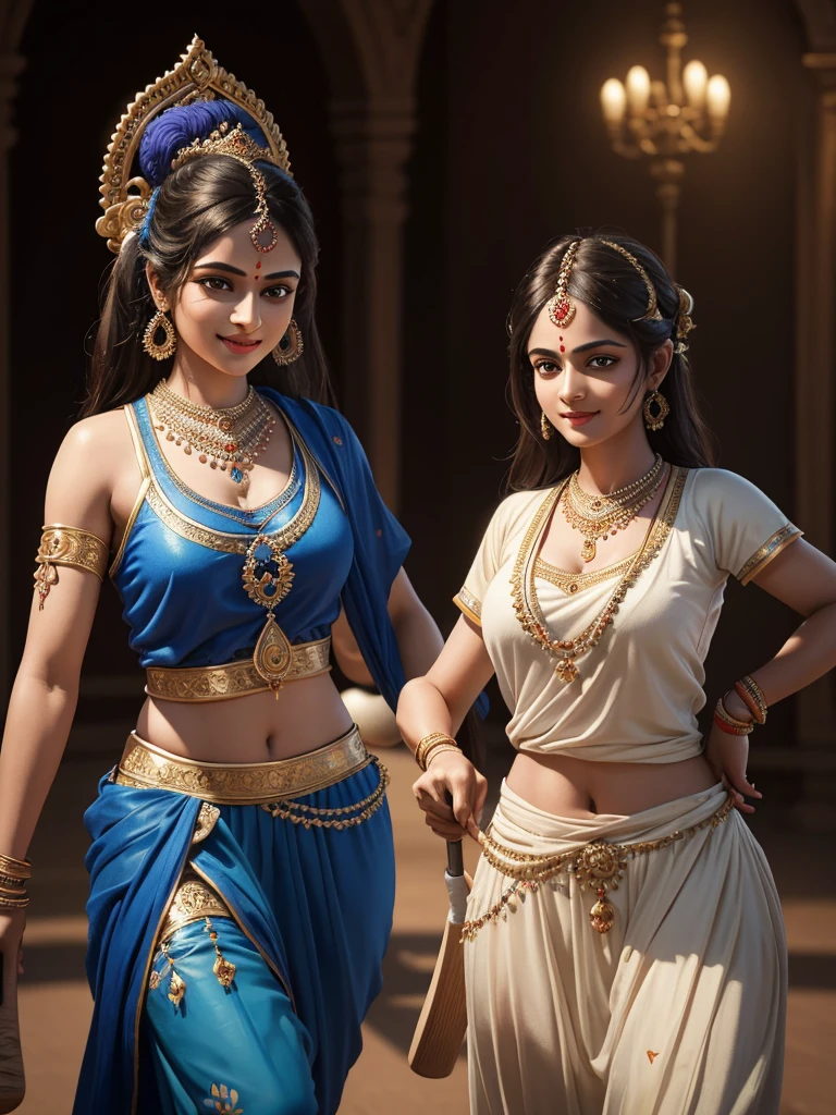 A highly detailed, realistic painting of Lord Krishna playing cricket with Radha, their faces beautifully rendered with expressive eyes and smiles, 8k, ultra-detailed, masterpiece, professional, vivid colors, studio lighting, physically-based rendering, extremely detailed description, photo-realistic, portrait