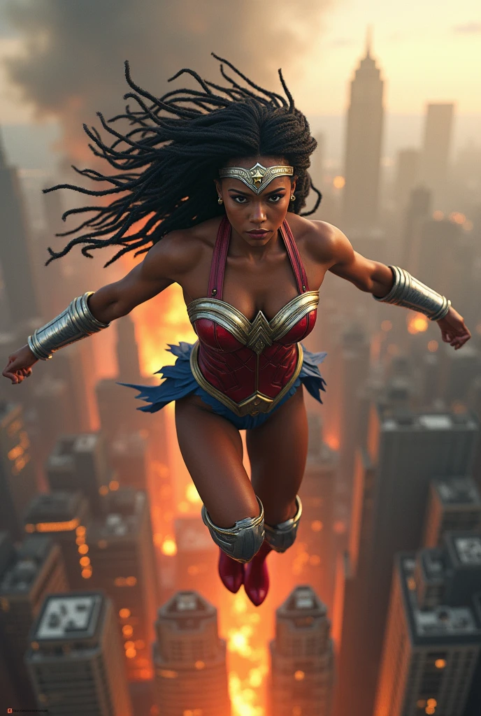 A beautiful woman with black dreadlocks wearing the costume of the Amazon warrior Wonder Woman (((Red and blue leather jumpsuit)))Silver colored diaema with a star on her forehead silver colored bracelets red leather boots long to her knees flying over an apocalyptic city skyscrapers on fire