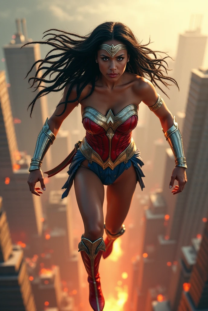 A beautiful woman with black dreadlocks wearing the costume of the Amazon warrior Wonder Woman (((Red and blue leather jumpsuit)))Silver colored diaema with a star on her forehead silver colored bracelets red leather boots long to her knees flying over an apocalyptic city skyscrapers on fire