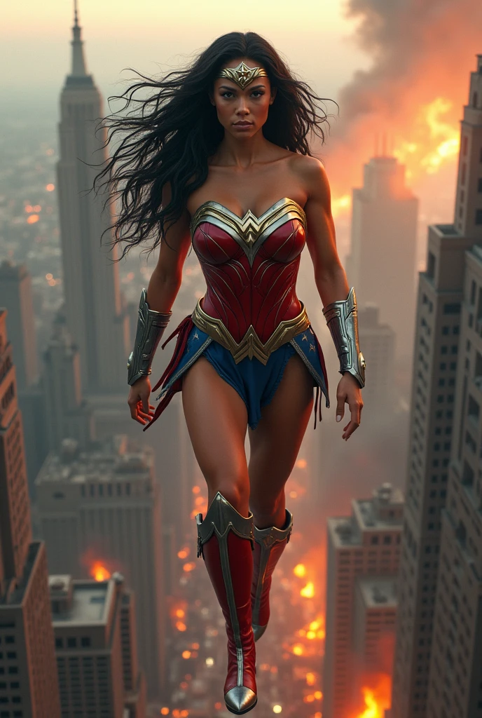 A beautiful woman with black dreadlocks wearing the costume of the Amazon warrior Wonder Woman (((Red and blue leather jumpsuit)))Silver colored diaema with a star on her forehead silver colored bracelets red leather boots long to her knees flying over an apocalyptic city skyscrapers on fire