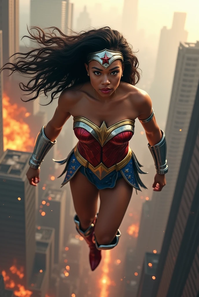 A beautiful woman with black dreadlocks wearing the costume of the Amazon warrior Wonder Woman (((Red and blue leather jumpsuit)))Silver colored diaema with a star on her forehead silver colored bracelets red leather boots long to her knees flying over an apocalyptic city skyscrapers on fire