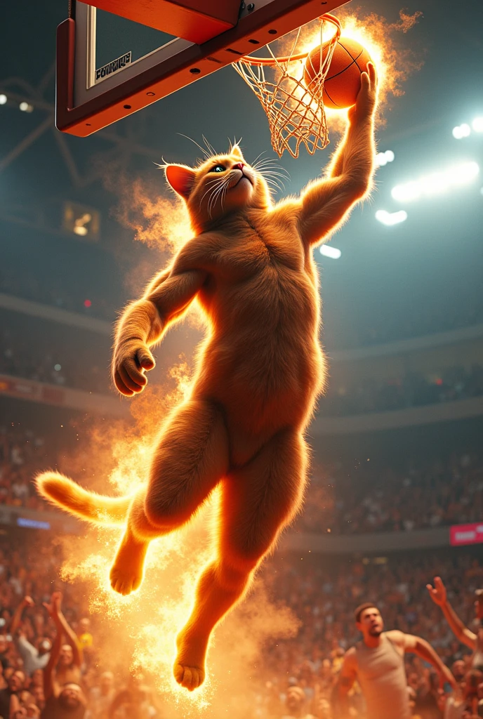 A hyper-realistic cat dunking a basketball, ball on fire, energy blasts surrounding the cat, slow-motion effect, crowd going wild, stadium lights, dramatic lighting