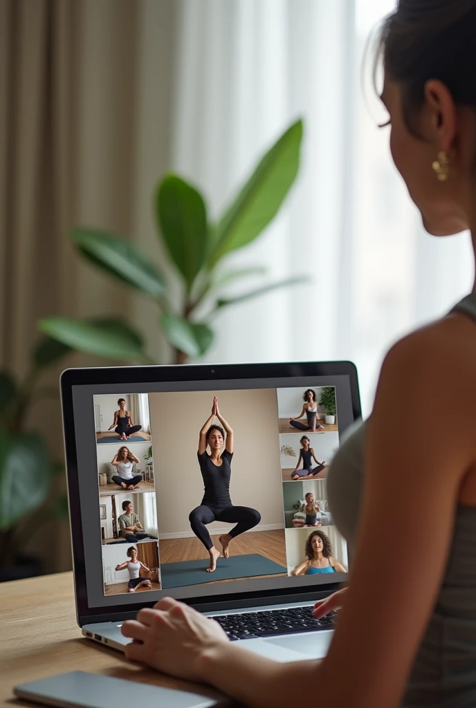 Group online yoga classes ,show teacher teaching adavance asana while sitting in front of laptop using Google meet to there students they all joined through their personal Google meet show multiple students in the laptop 