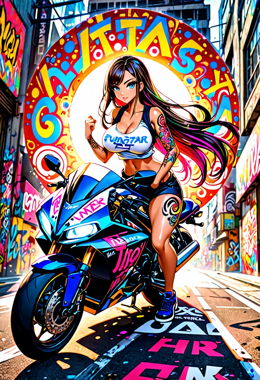 fund, mixed language_text, Japanese graffiti letters, gorgeous  woman, long hair, Excellent lighting, side lighting, perfect ending (plain color: 1.3), (magazine_cover: 1.4), (multicolor_fund: 1.3), striped_fund, card_fund, :: :: circular pieces of white metals glued to the ultra-detailed arms emitting a sparkling glow, perfect and detailed, ultra detailed shirt with abstract design and Japanese graffiti lettering print on the sides of the garment, image of garotas with big breast, on top of a futuristic motorcycle, with immersive action effects, focus effect, fund graffiti style tribal tattoo with flowers and vibrant colors, "Ultra-HDR" detalhado e com focus effect, (work of art: 1.2, best qualityer), (beautiful eyes with finely detailed huge eyelashes: 1.2), , ((standing alone)), (finely detailed eyes and detailed face: 1.3), in various full-body attack poses, (cute fund: 1.2),Futuristic costume, super detailed circular metals clinging to the arms and pants, fantastic paintings
