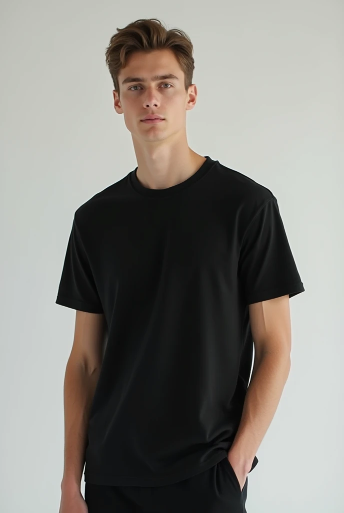 Create a common looking male model, wearing a plain black streetwear style t-shirt.