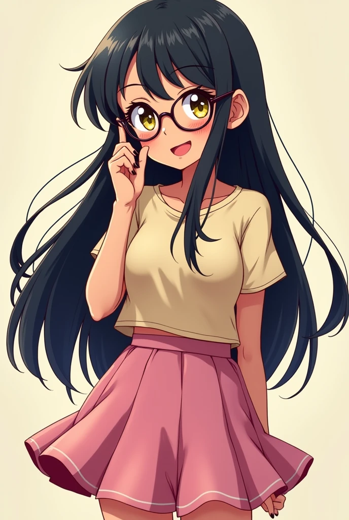 Anime nerdy girl, black hair, a little white hair, tan skin, yellow eyes, full body, black nails, glasses, cute skirt, happy