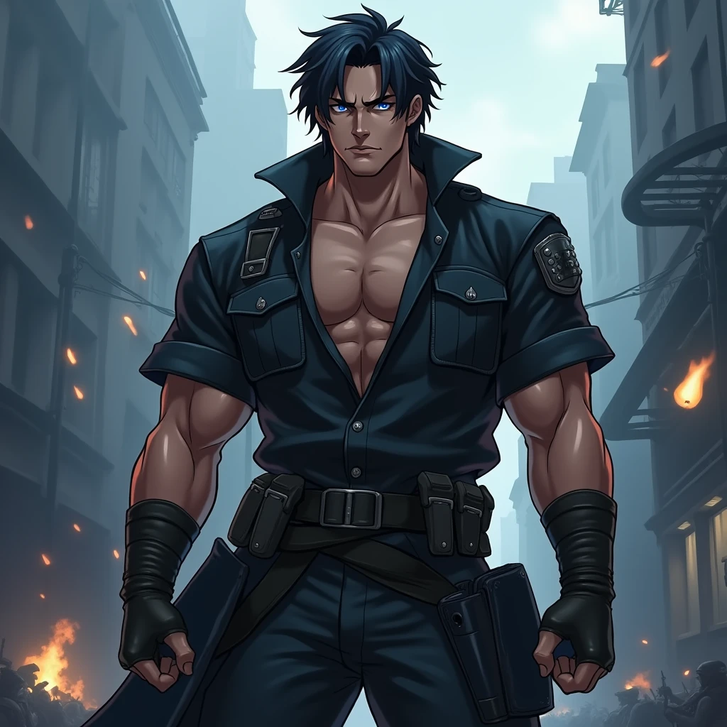 male,blue eyes, muscle,handsome black hair, soldier,Anime Style, Dark clothes