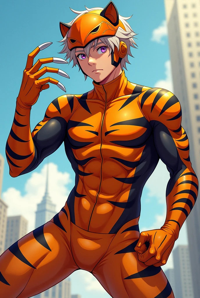 Draw in 2D anime style, A boy, that is husbando, that has ash blonde hair, that has violet eyes, has headphones, dressed in comic book hero clothes with a tiger look, Boku no Hero Academia hero costume, that his orange suit has black stripes,He has three claw-shaped blades on his left hand as a weapon, that looks like a dynamic pose, Let it be a heroic pose, have a confident smile, that has a hero helmet with an orange visor, that has messy hair, that has short hair, Make it look more manly, adult. 